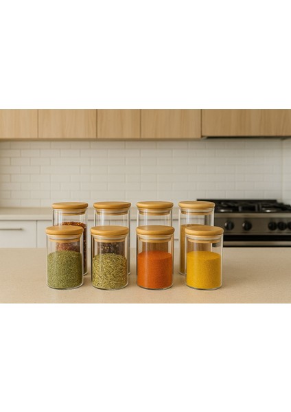 8 Lı Baharatlık Setı 70 x 100-70 x 160-BAMBU Kapak-Cam BAHARATLIK-300 ML-500ML