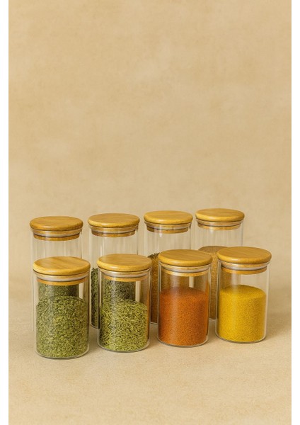 8 Lı Baharatlık Setı 70 x 100-70 x 160-BAMBU Kapak-Cam BAHARATLIK-300 ML-500ML fiyatları