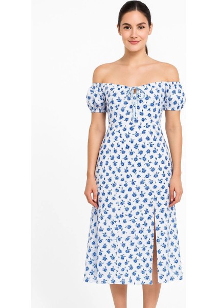 Bardot Omuzu Acık Çiçek Desenli Elbise - Desenli