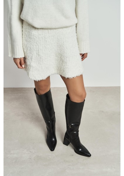 Jules Siyah Raşel Rustik Desen Fermuar Detay Kadın Topuklu Çizme modelleri