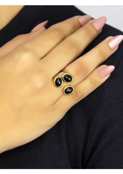 Doğal Taş Oniks Üçlü Doğal Taşlı Antik Model Kadın Ayarlanabillir Yüzük EUY76O