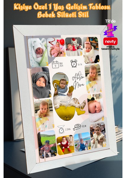 Kişiye Özel 1 Yaş Gelişim Tablosu – Silüet Tasarım – 13 Fotoğraflı; Kâğıt, Metal, Mdf Çerçeveli