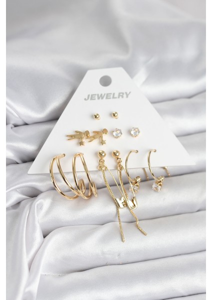 Pirinç Gold Renk 6 Çiftli Kadın Küpe Seti