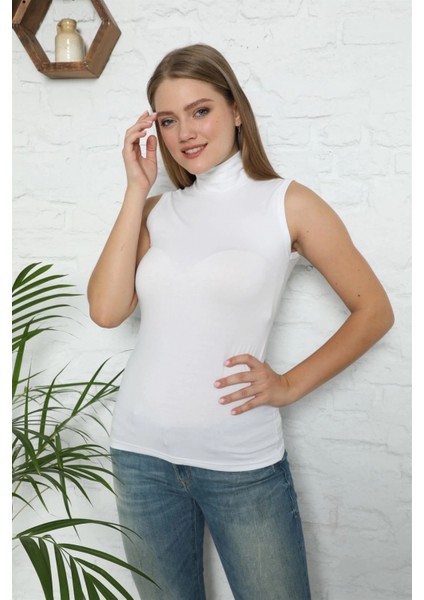 Bayan Sıfır Kol Yarım Balıkçı Yaka Body Beyaz fiyatları
