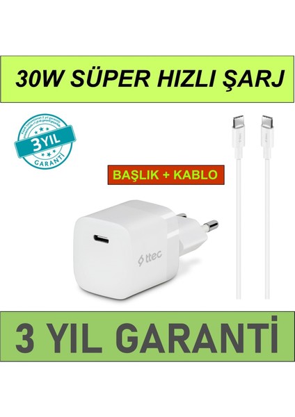 Smartcharger 30W Pd Başlık + Usb-C Kablo iphone 15 16 17 Pro Max Şarj Aleti Hızlı ve Güvenli