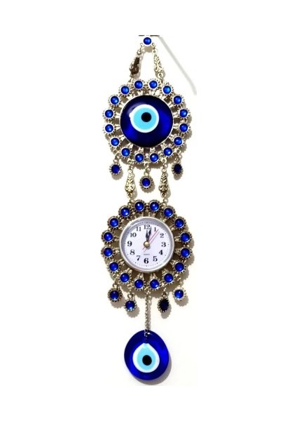 Nikel Zamak Kaplamalı Nazar Boncuklu Gümüş Rengi Mini Duvar Saati