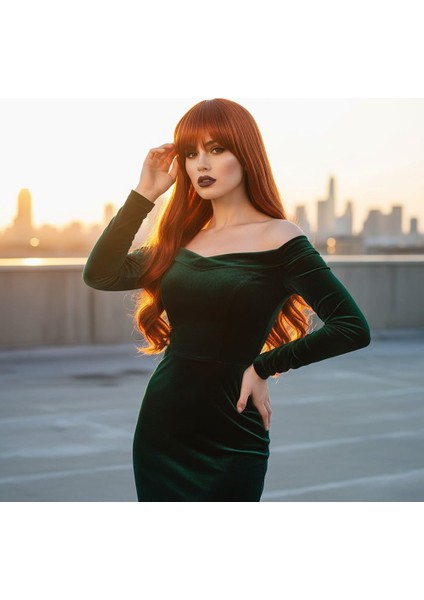 Kahküllü Uzun Dalgalı Fiber Sentetik Peruk / Bakır