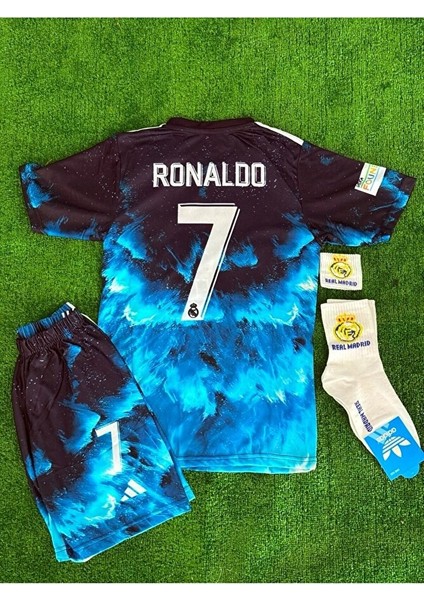 Real Madrid 2025/26 Yeni Sezon Mavi Dalga. Desenli Ronaldo Çocuk Forması 4'lü Set