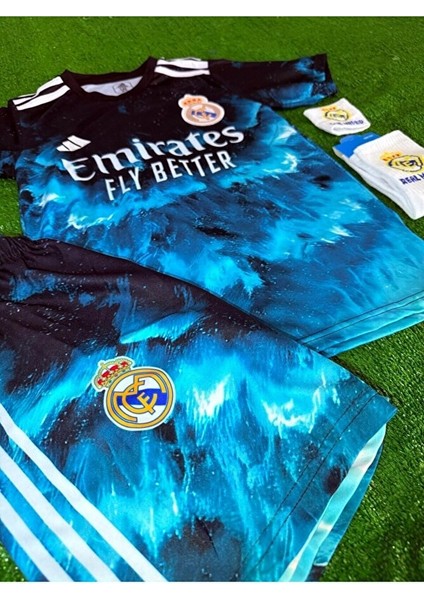 Real Madrid 2025/26 Yeni Sezon Mavi Dalga. Desenli Ronaldo Çocuk Forması 4'lü Set fiyatları