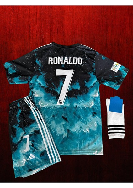 Dalgalı Desenli Cr7 Ronaldo Çocuk Forması (Forma Şort Çorap)