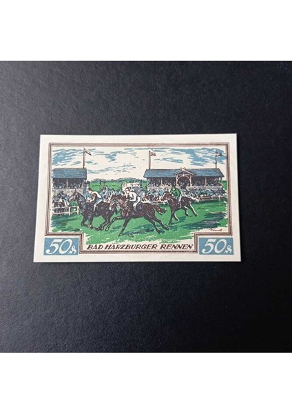 3996368F8069CAAA1F 1923 German Trade Card Horse Racıng Scene 50PF Nortgeld Çil