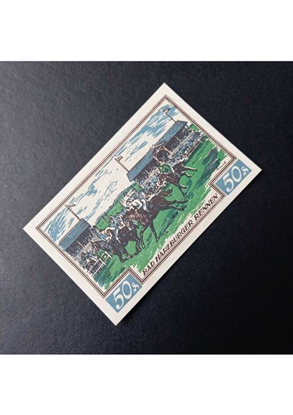 3996368F8069CAAA1F 1923 German Trade Card Horse Racıng Scene 50PF Nortgeld Çil modelleri