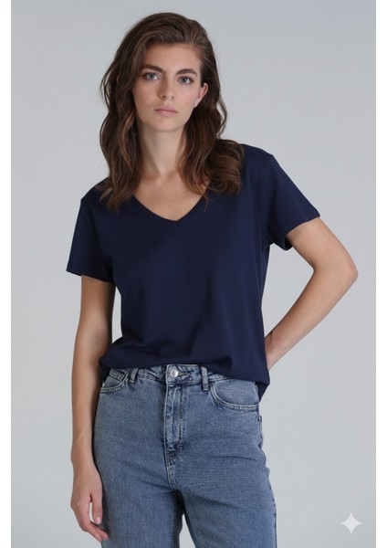 Florans Kadın %100 Pamuk T-Shirt Lacivert