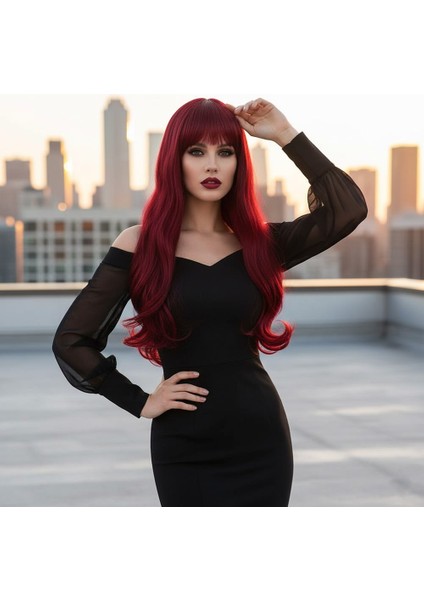 Kahküllü Uzun Dalgalı Fiber Sentetik Peruk / Kızıl