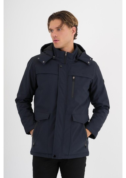 Erkek Lacivert %100 Su ve Rüzgar Geçirmez Kürklü Çıkartılabilir Kapüşonlu Mont&kaban