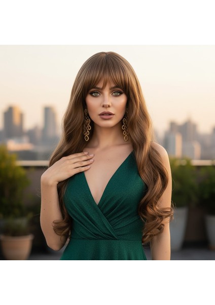 Kahküllü Uzun Dalgalı Fiber Sentetik Peruk / Kumral