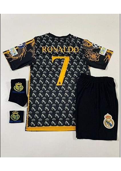 Real Madrid C.ronaldo Cf Desenli Özel Konsept Çocuk Forması Çorap Bileklik Hediyeli (Black/gold) modelleri