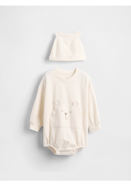 Bebek Krem Brannan Bear Detaylı Bodysuit-Şapka Set