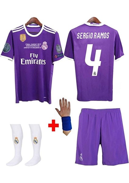 R.e.a.l Madrid Sergio Ramos 2017 Cardiff Şampiyonlar Ligi Finali Çocuk Forması 4'lü (Armalı Set) modelleri