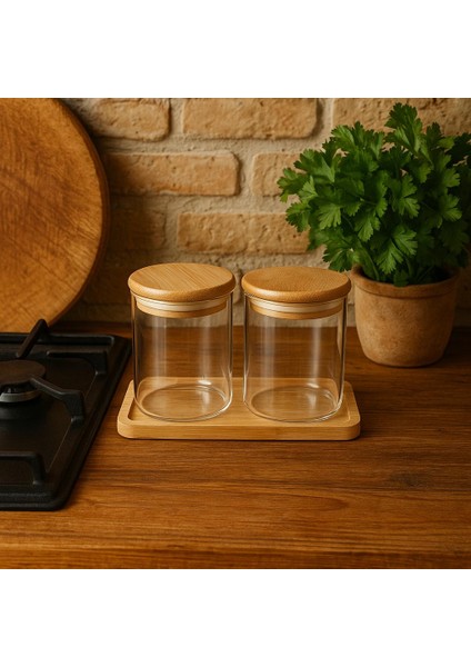 2 Lı 300 ml Baharatlık Setı- Bambum Altlıklı- Bambu Sılıkon Kapaklı