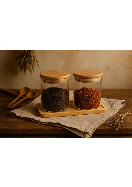 2 Lı 300 ml Baharatlık Setı- Bambum Altlıklı- Bambu Sılıkon Kapaklı modelleri