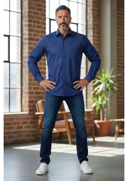 Klasik %100 Cotton Mavi Uzun Kollu Mevsimlik Çizgili Gömlek (Regular Kalıp)