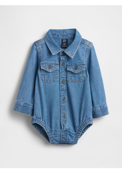 Bebek Mavi Denim Düğmeli Bodysuit