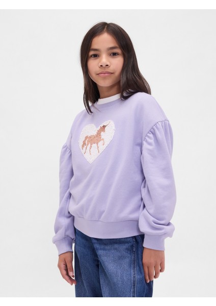 Kız Çocuk Mor Relaxed Flippy-Sequin Grafikli Sweatshirt