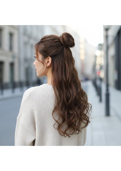 Fiber Sentetik Dalgalı Yarım Ay + 2 Yan Çıt Çıt / Kumral