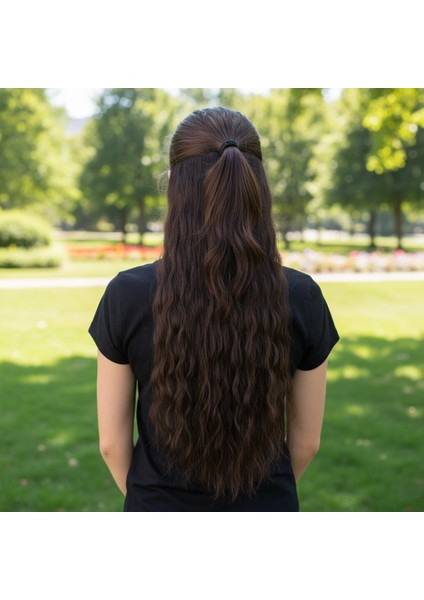 Fiber Sentetik Kabarık Dalgalı Yarım Ay + 2 Yan Çıt Çıt / Koyu Kahve