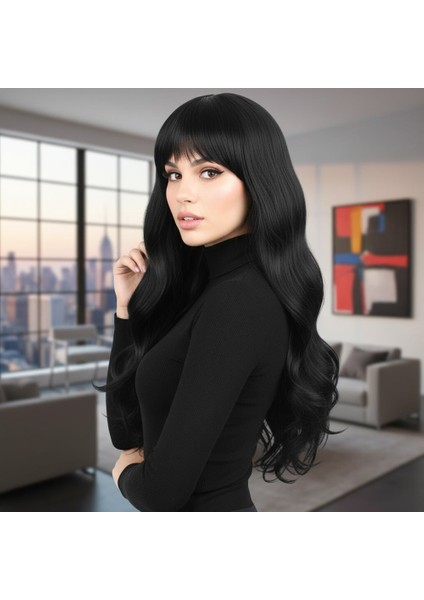 Kahküllü Uzun Dalgalı Fiber Sentetik Peruk / Siyah