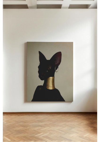 Altın Gerdanlı Kraliçe Kedi - Kanvas Tablo - Sürreal Hayvan Portre Modern Duvar Dekoru