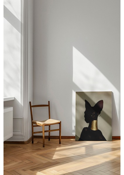 Altın Gerdanlı Kraliçe Kedi - Kanvas Tablo - Sürreal Hayvan Portre Modern Duvar Dekoru modelleri