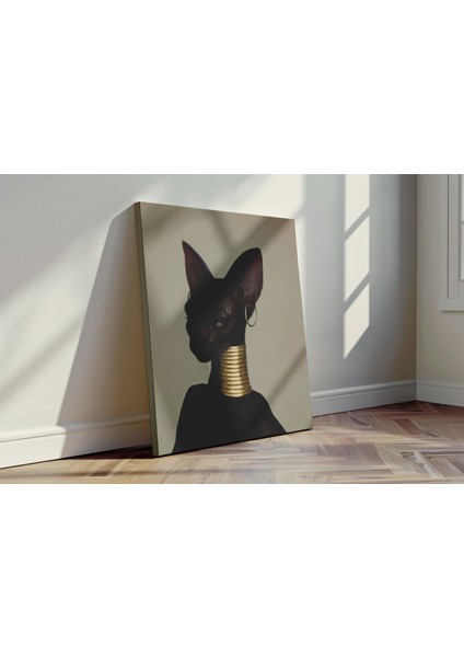 Altın Gerdanlı Kraliçe Kedi - Kanvas Tablo - Sürreal Hayvan Portre Modern Duvar Dekoru fırsatları
