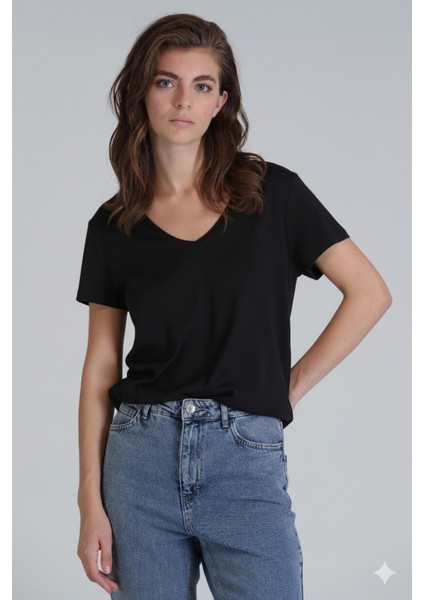 Florans Kadın %100 Pamuk T-Shirt Siyah