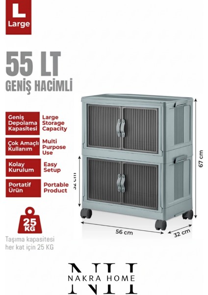 2'li Katlanır Portatif Tekerlekli Organizer Dolap – Çok Amaçlı Mıknatıslı Kapaklı