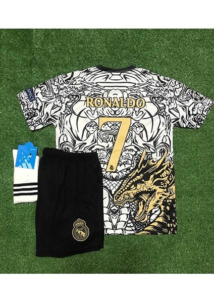 Real Madrid Yeni Sezon Dragon Desenli Cristiano Ronaldo Çocuk Forması 3'lü Set (Black-White)
