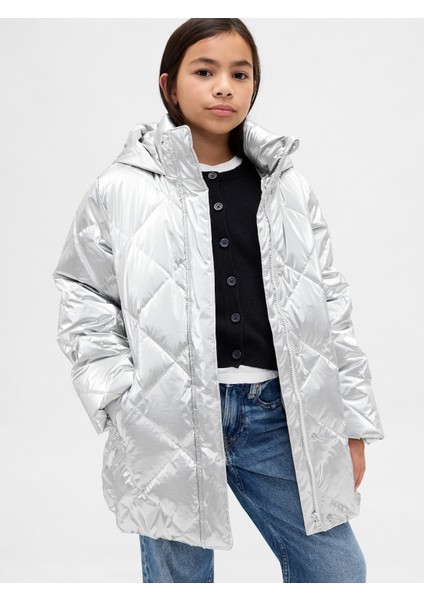 Kız Çocuk Gri Kıvrımlı Şişme Mont