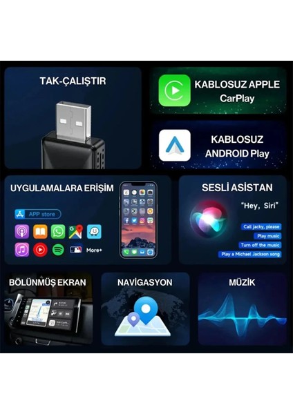 Kablosuz Carplay & Android Auto Adaptörü - Apple ve Android Cihazlar Için Evrensel Wireless Carplay Çevirici modelleri