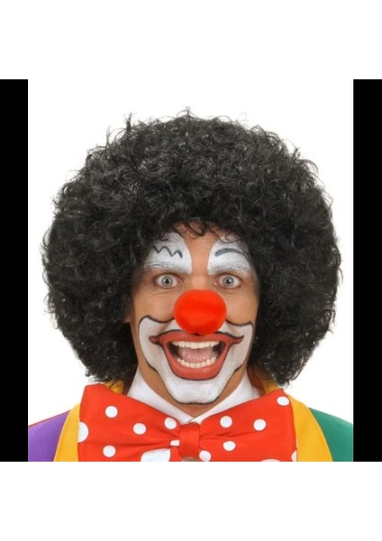 Siyah Kıvırcık Afro Peruk ve Kırmızı Sünger Burun Seti