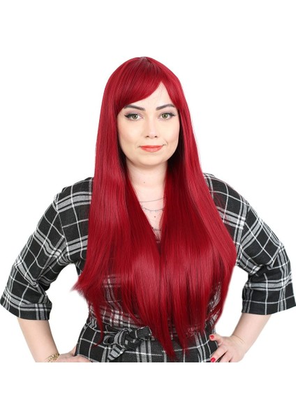 Fiber Sentetik Uzun Düz Kahküllü Peruk / Kızıl fiyatları