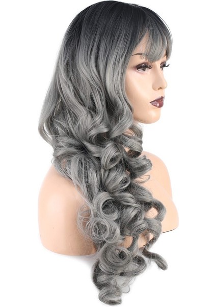 Dalgalı Perçemli Uzun Fiber Sentetik Peruk / Siyah / Gri Ombreli modelleri