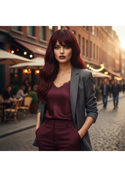 Dalgalı Perçemli Fiber Sentetik Orta Boy Peruk / Kızıl Kahve