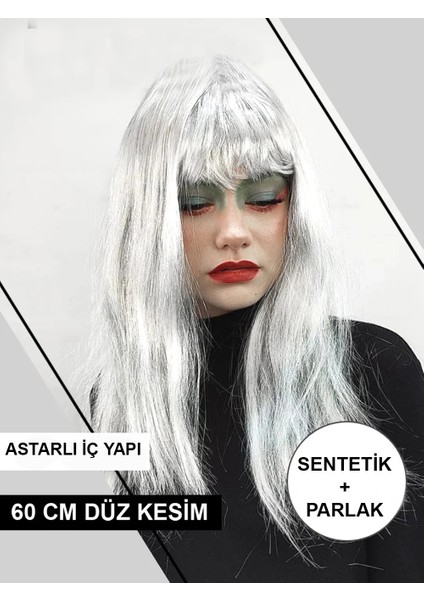 Platin Gri Gümüş Renk Uzun Parti Peruğu Uzun Takma Peruk