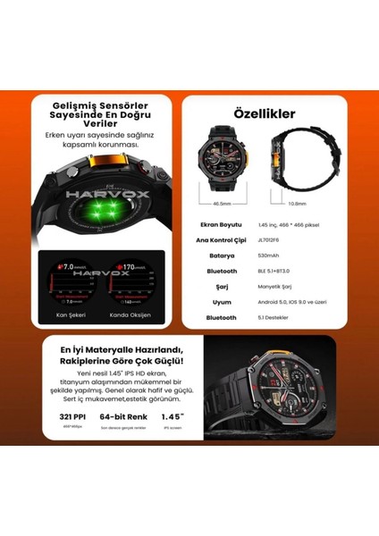 Novarexglobal Rx-4 Akıllı Saat 1.45’’ IPS Ekran Kan Basıncı Oksijen Ölçer Bluetooth 5.1 Manyetik Şarj – Ios ve Android Uyumlu modelleri