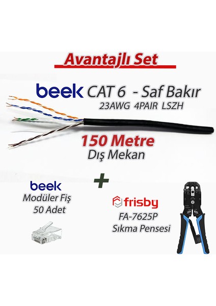 Cat6 150 Metre U-Utp Saf Bakır Dış Mekan Data Kablosu-Modüler Fiş-Sıkma Pensesi