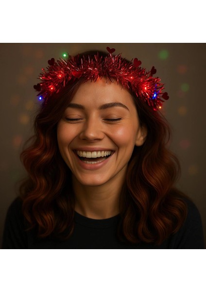 Kalp Püsküllü 3 Modlu LED Işıklı Taç Kırmızı Renk