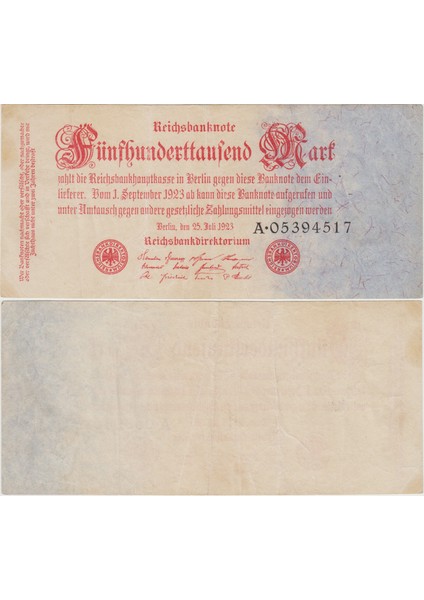 Almanya 500.000 Mark 1923 Weimar Cumhuriyeti Dönemi Çok Çok Temiz.