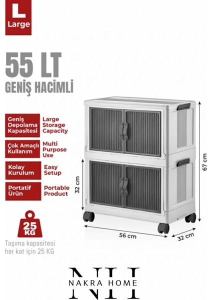 2'li Katlanır Portatif Tekerlekli Organizer Dolap – Çok Amaçlı Mıknatıslı Kapaklı