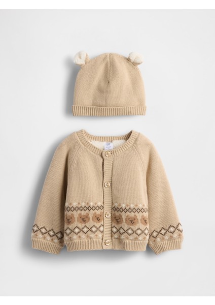 Bebek Krem Sherpa Astarlı Ayılı Hırka Kazak Seti